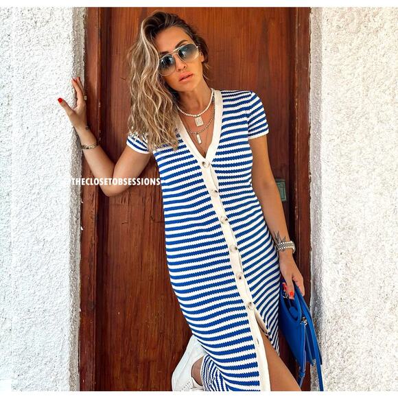 MANGO BLOGGER FAVE!!! Striped Knit Midi Dress NWT | Blue White Size 8 - Picture 8 of 16